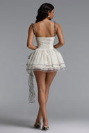 Natasha Chic Tailored Sleeveless Boning Ruffle Polka Dot Mesh Mini Dress