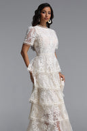 Yedda Resort Flowy Round Neck Short Sleeve Floral Embroidered Woven Maxi Dress