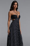 Loka Resort Flowy Sleeveless Cut Out Pleated Polka Dot Woven Maxi Dress