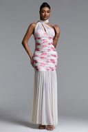 Margarete Romantic Contour Halter Ruched Floral Print Mesh Maxi Dress