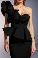 Luysa One Shoulder Asymmetry Black Midi Set
