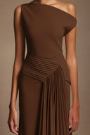 Paulina Oblique Shoulder Sleeveless Folds Brown Midi Dress