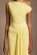 Paulina Oblique Shoulder Sleeveless Folds Yellow Midi Dress