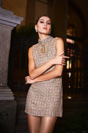 Jillian Diamond Mid-Neck Sleeveless Tweed Mini Dress