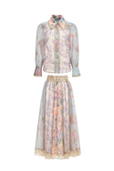 Ruby Long Sleeve Floral Printed Lace Top And Skirt Two-Piece Set