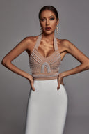Cornelia Pearl Halter Bandage Dress - Beige - Bellabarnett
