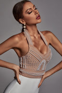 Cornelia Pearl Halter Bandage Dress - Beige - Bellabarnett