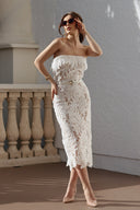 Stripe Strapless Lace Midi Bandage Dress