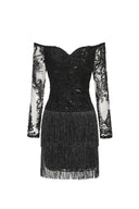 Ludia Lace Sequins Off Shoulder Fringe Mini Dress