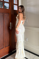 Griselda Flower Halter Embroidery Maxi Dress - White