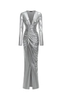 Linka Deep V Long Sleeve Shirr Maxi Dress
