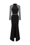 Gini High Neck Long Sleeves Diamond High Slit Maxi Dress