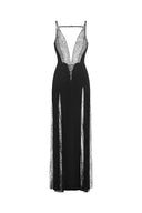 Ledasa Deep-V Diamond Sleeveless Lace High Slit Maxi Dress
