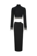 Labiny Long Sleeve Choker Tassel Bandage Maxi Two-Piece Set