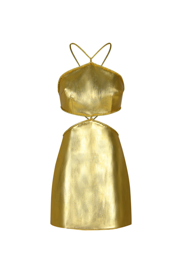 Pola Sırtı Açık Deri Mini Elbise