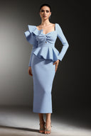 Faray Ruffled Long Sleeves Blue Maxi Dress