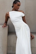 Paulina Oblique Shoulder Sleeveless Folds Midi Dress
