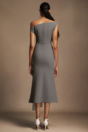 Paulina Oblique Shoulder Sleeveless Folds Gray Midi Dress