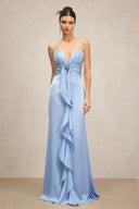 Yvonne Sleeveless V-Neck Flowers Flounce Blue Maxi Dress