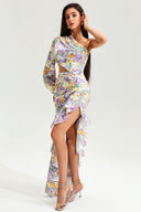 Floral Slanted Shoulder Long Sleeve Ruffle Irregular Maxi Dress