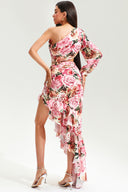 Floral Slanted Shoulder Long Sleeve Ruffle Irregular Maxi Dress - Pink